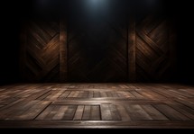 Wooden floor and wall with spotlights in a dark room.