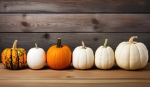 Autumn pumpkins on a wooden background with copy space for text