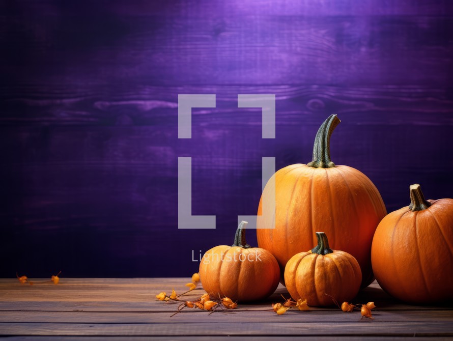 Halloween pumpkins on wooden table with copy space for your text