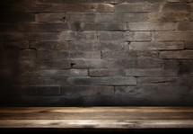 Empty wooden table and brick wall background. For product display montage