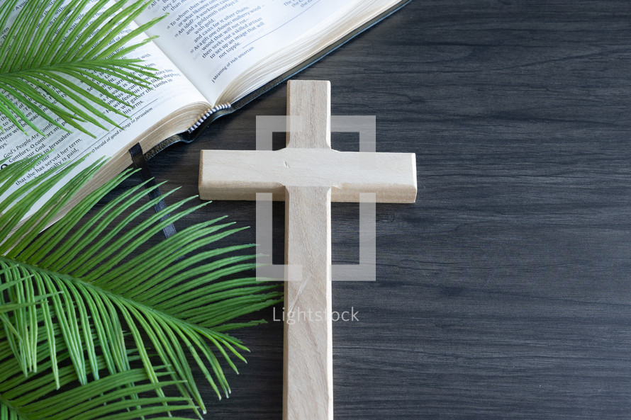 Wood cross and palm leaves by an open bible