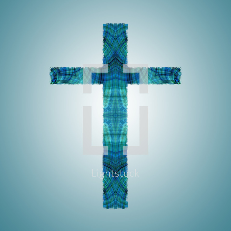 blue symmetrical patterned cross  on light background with glow
