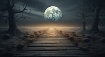 Halloween landscape with path to the full moon. 3d render