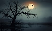 Full moon over dead tree in foggy forest. Halloween concept.