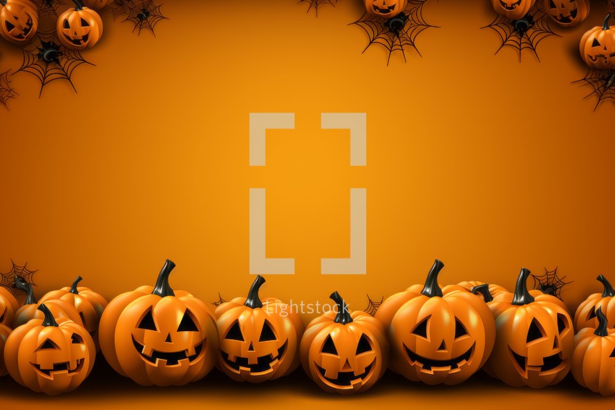 Halloween pumpkins on orange background with copy space 3D rendering
