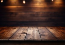 Empty wooden table and blurred background of bar or pub. For product display