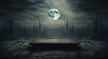 Empty wooden table in the forest with full moon. Halloween concept.