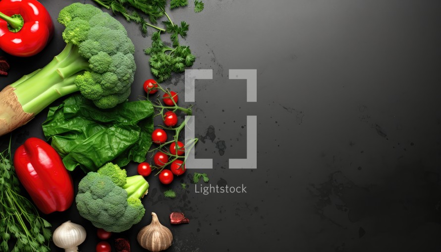 Composition with fresh vegetables on black background, top view. Space for text