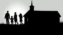 Silhouettes of people and church