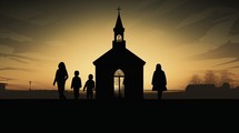 Silhouettes of people and church