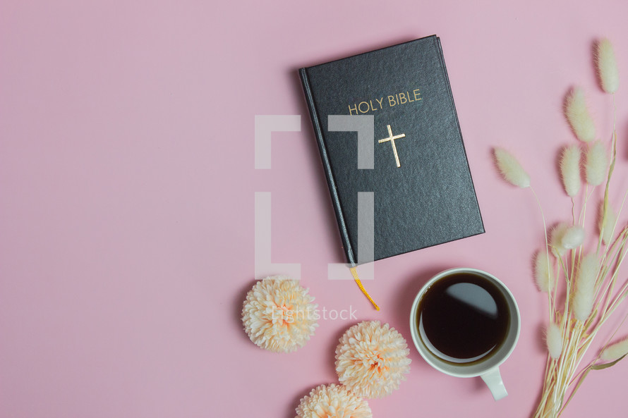 Holy Bible and coffee cup with fuzzy grasses on pink 