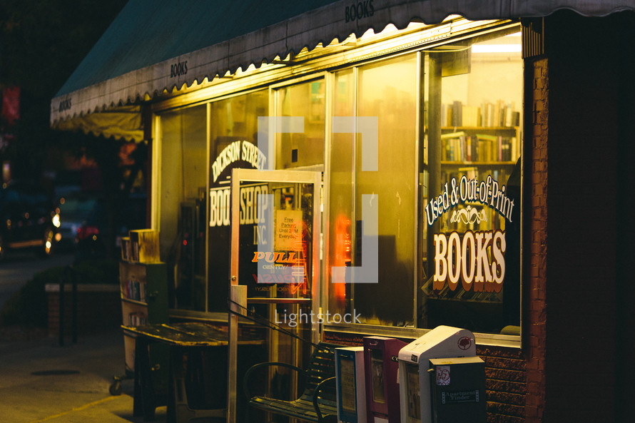 Used book store at night.