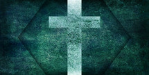 textured, light cross on dark distressed blue green background with hexagon shape frame effect