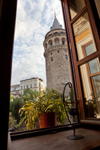 Galata Tower through cafe window