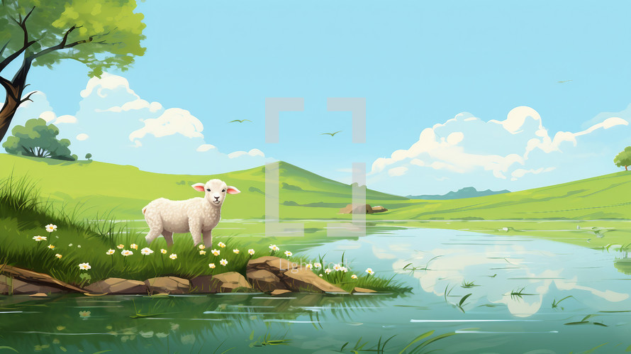 Illustrated lamb next to the river
