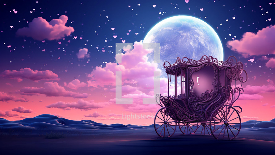 Whimsical carriage and large moon with hearts in the sky