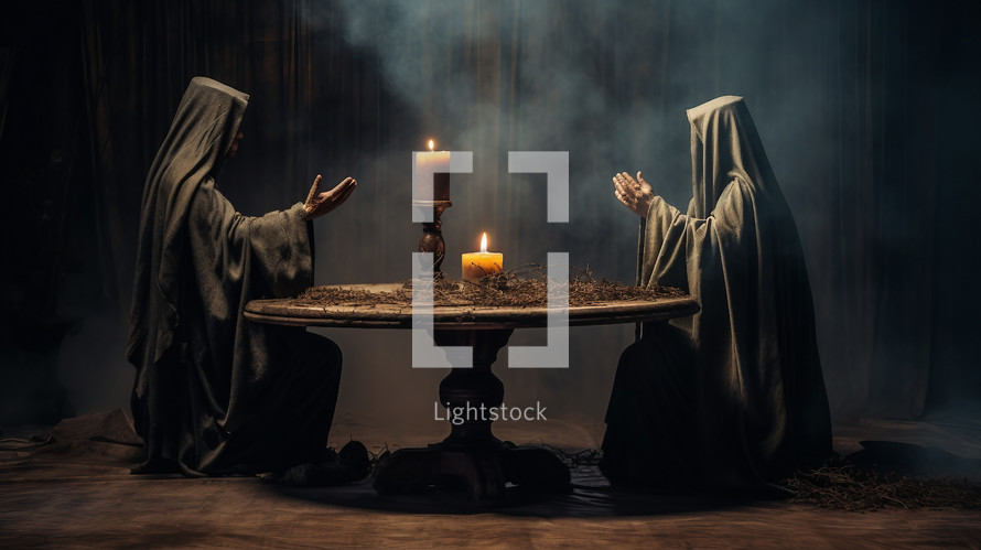 Men in veils praying with candles