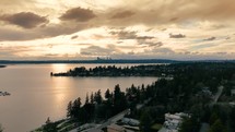 Seattle skyline drone push over water