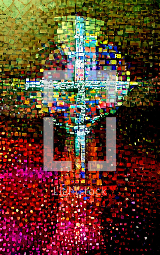 colorful cross  mosaic vertical in pink, red, orange, yellow-green - combo of my cross artwork, AI input and further editing
