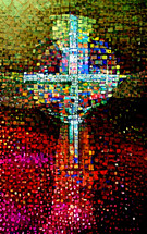 colorful cross  mosaic vertical in pink, red, orange, yellow-green - combo of my cross artwork, AI input and further editing