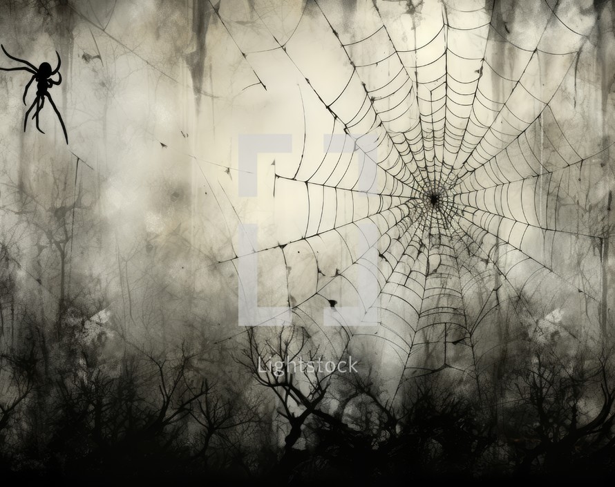 Grunge spider web on foggy background. Halloween concept.