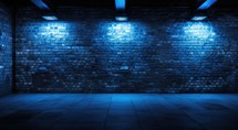 Interior of an empty room with brick wall and blue spotlights