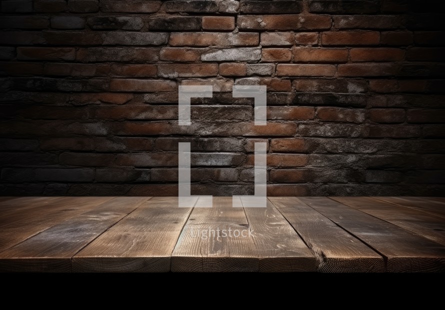 Empty wooden table for product display montages with brick wall background.