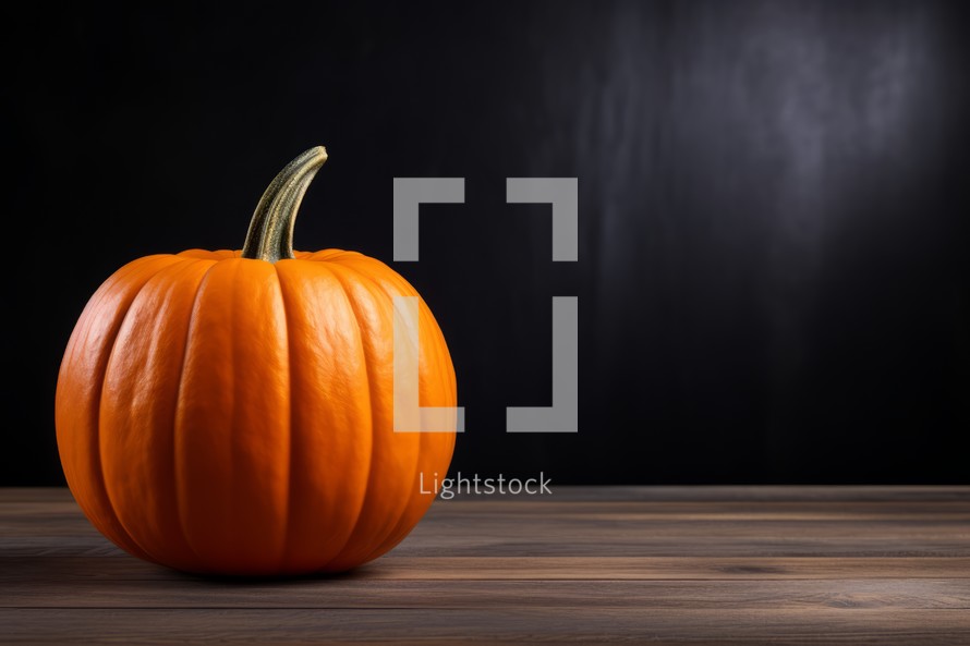 Pumpkin on wooden table and black background with copy space.