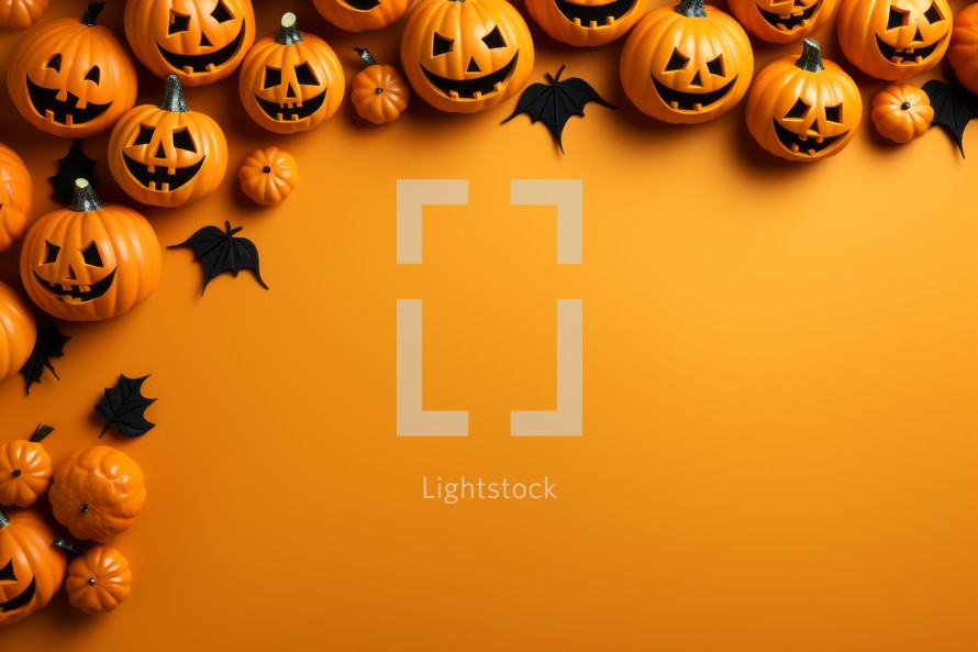 Halloween background with pumpkins, bats and spiders on orange background