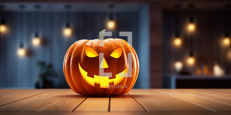 Halloween pumpkin on wooden table with copy space. 3d rendering