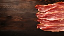 Slices of bacon on wooden table, top view. Space for text