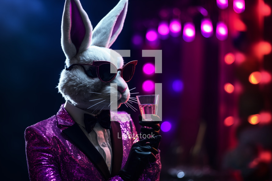 AI Generated Image. Haute couture Easter Bunny in night club with neon illumination
