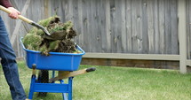 Man over fills wheel barrow with grass and sod 