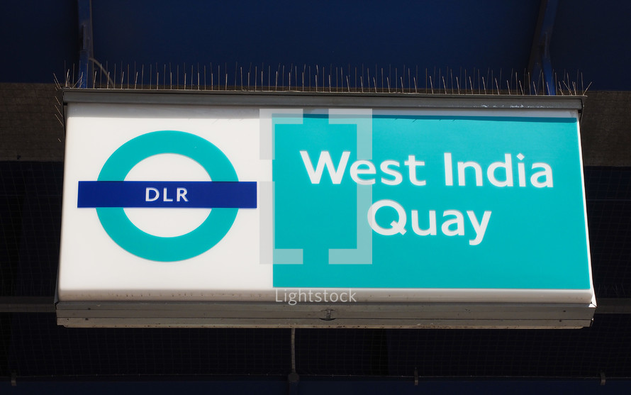 LONDON, UK - JUNE 11, 2015: Docklands Light Railway sign at West India Quay