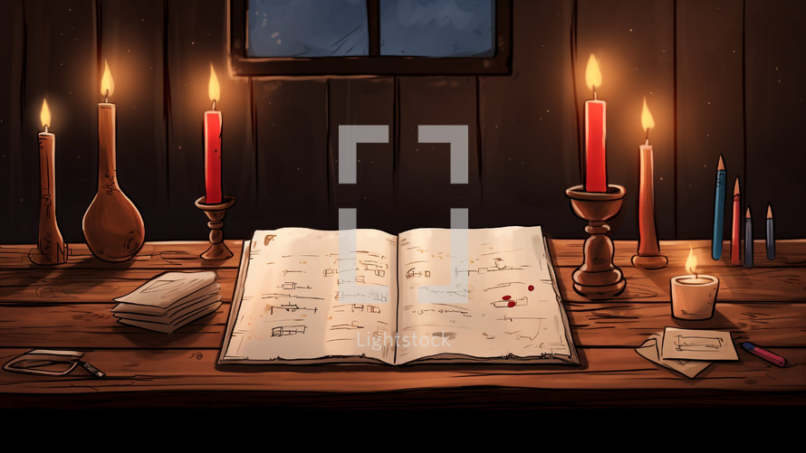 Candles and book on a table