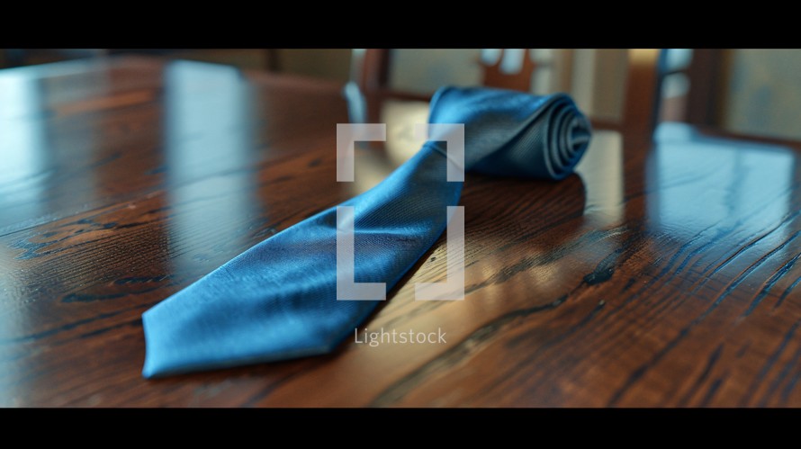 Blue tie on a wood table