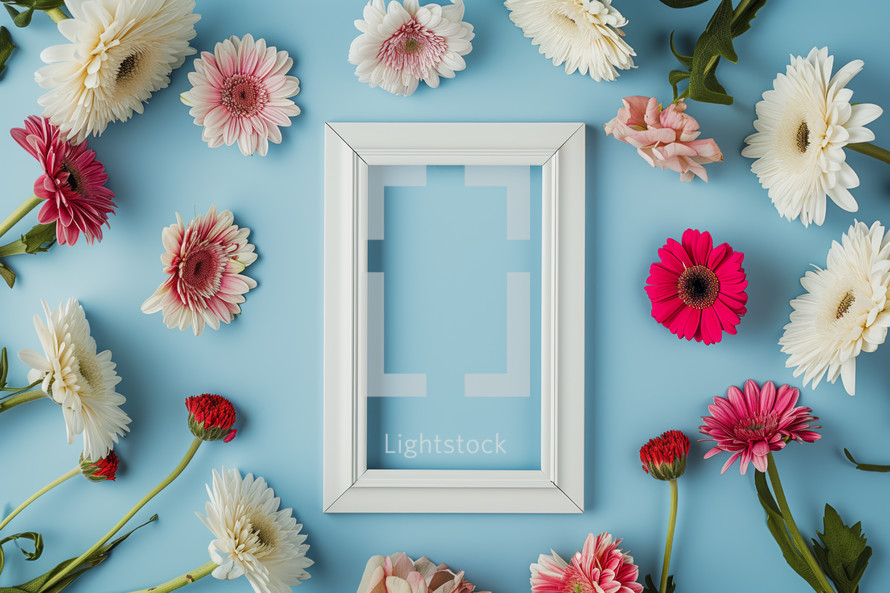 AI Generated Image. Flowers placed around empty photo frame on a blue background
