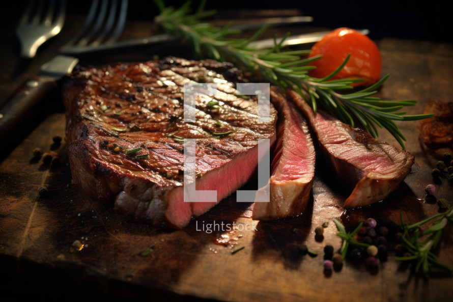 AI Generated Image. Sliced roasted medium rare barbecue steak with rosemary