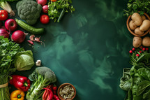 AI Generated Image. Flat lay with vegetables on a dark green table