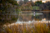 Man rowing a boat across a pond surrounded by fall foliage.