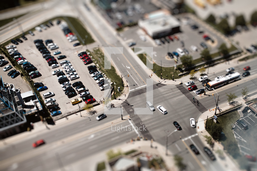 miniature aerial view above an intersection 