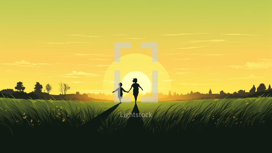 Silhouette of a happy family at sunset