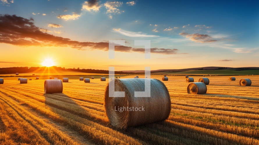 Hay bales in the countryside on sunset 