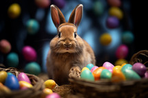 AI Generated Image. Fluffy Ester bunny next to the basket with Easter eggs