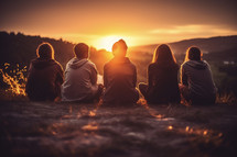 Young people sitting watching the Sunset