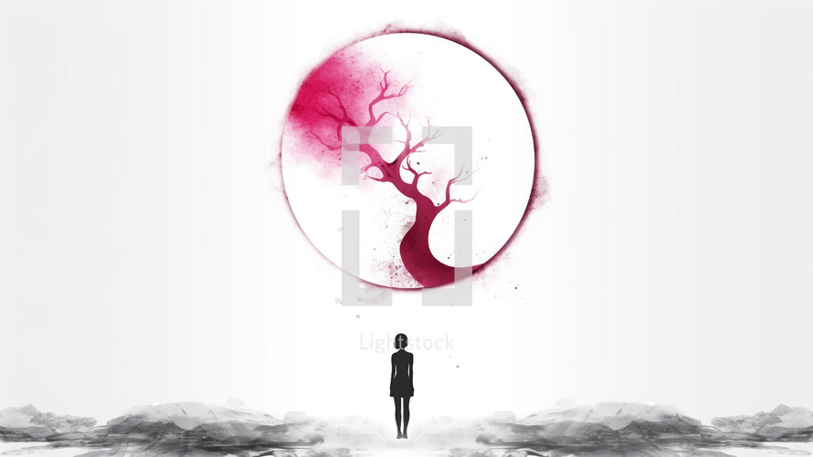 Woman silhouette on white with pink tree is circle