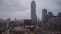 Timelapse of cloud movement and traffic through downtown Dallas.