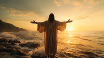 Jesus After Resurrection Near The Beach On Ocean