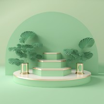 realistic 3d rendering illustration of pastel green podium with leaf decoration for product promotion