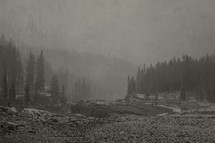 hand-vintage added to this misty and snowy mountain scene